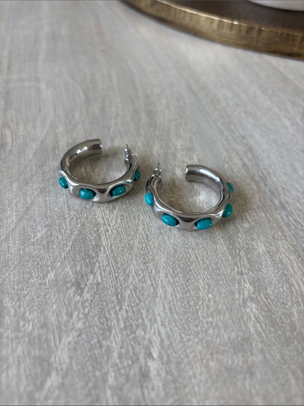 Anthropologie Silver Hoop Earrings with Turquoise Accents